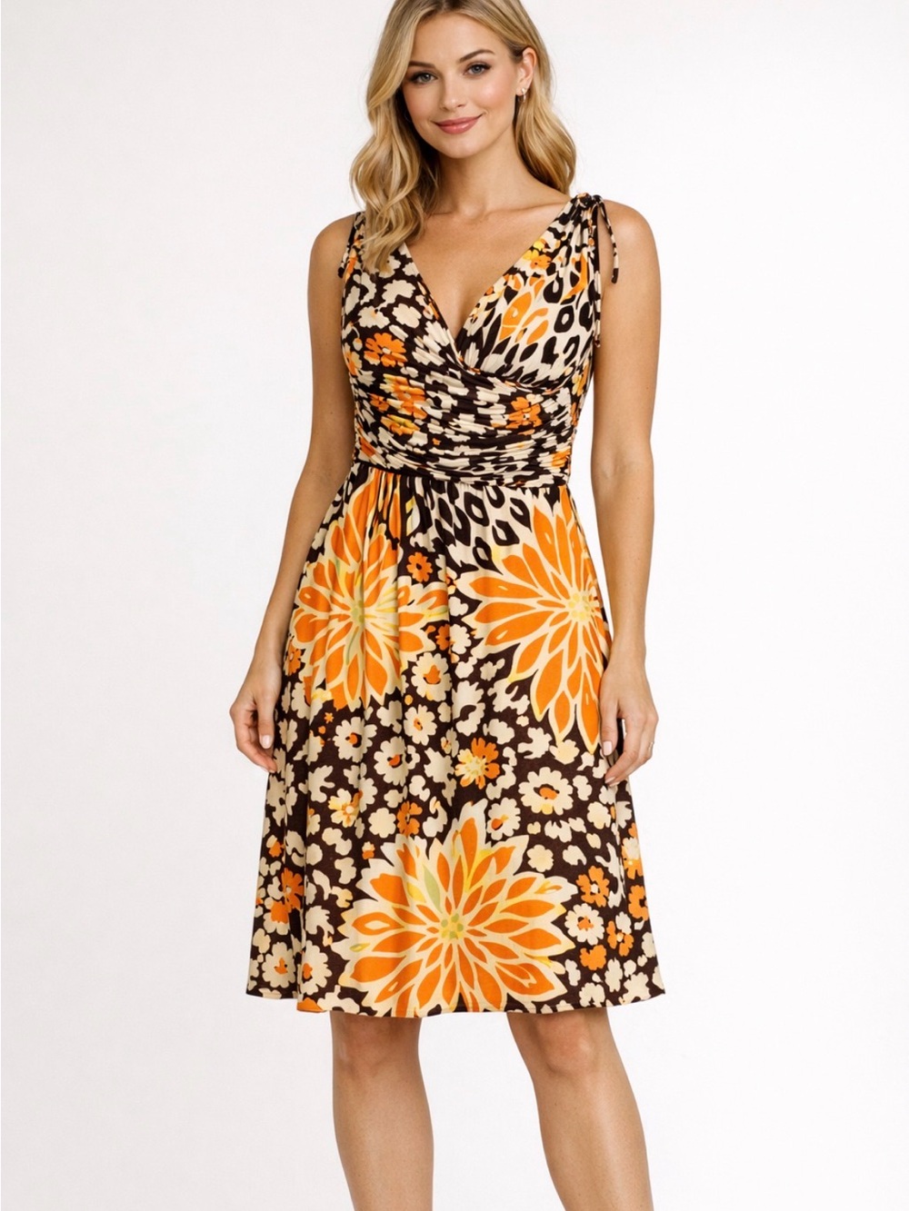 Source Unknown Orange and Brown Floral Midi Dress with Tie Shoulders